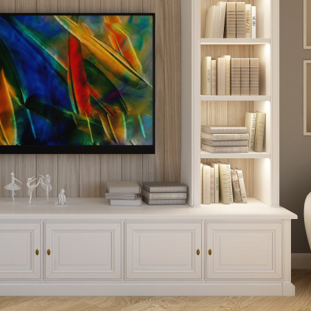 Mobile da soggiorno con luci led, dettaglio scaffali e TV