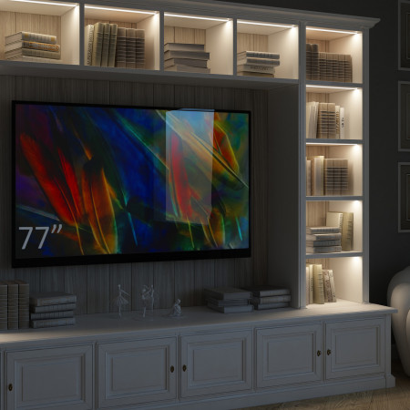 Mobile da soggiorno con luci led in legno e TV da 77 pollici