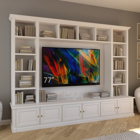 Mobile soggiorno in legno con TV 77 pollici e libreria