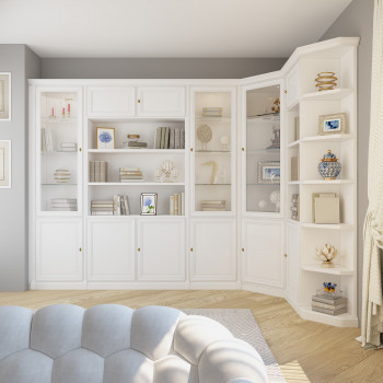 Libreria ad angolo su misura in legno, dettaglio scaffali