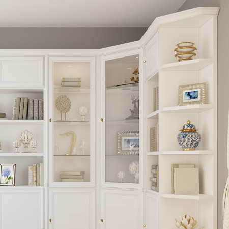 Dettaglio libreria ad angolo su misura in legno bianco