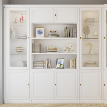 Libreria ad angolo su misura in legno, dettaglio ante bianche