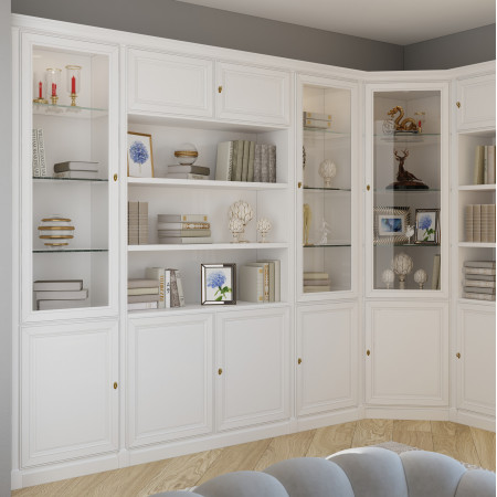 Libreria ad angolo su misura in legno con decorazioni
