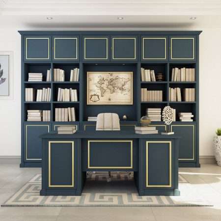 Libreria su misura in stile classico blu con dettagli oro