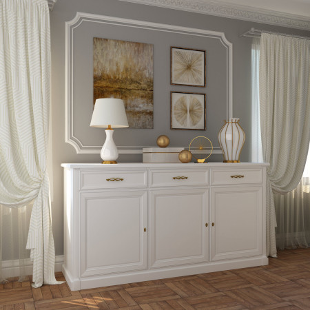 Credenza classica in legno laccato bianco con decorazioni