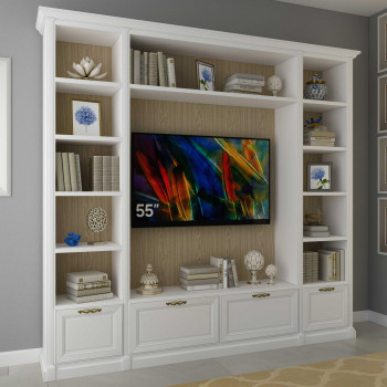 Mobile porta TV su misura con schienale in rovere e libreria