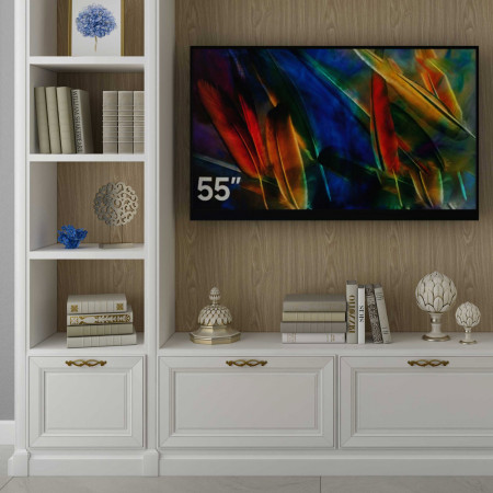 Mobile porta TV su misura con schienali in rovere, dettaglio TV