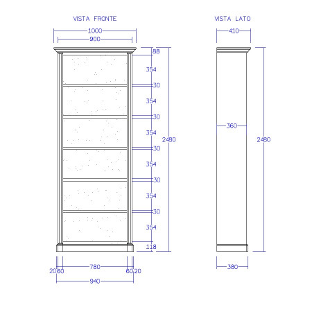 Libreria in legno su misura, disegno tecnico frontale