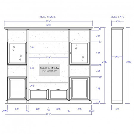 Disegno tecnico del mobile porta TV in legno su misura