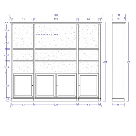 Libreria classica personalizzabile, vista frontale con misure