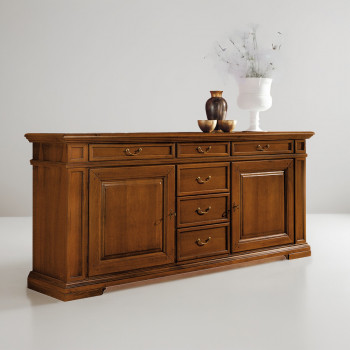 Credenza 2 ante sei cassetti, dettaglio in legno sagomato