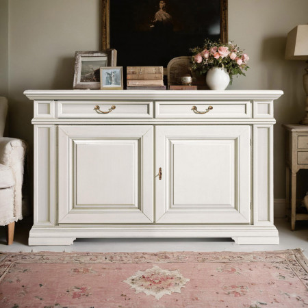 Credenza in legno con 2 ante, dettaglio cornici e cassetti