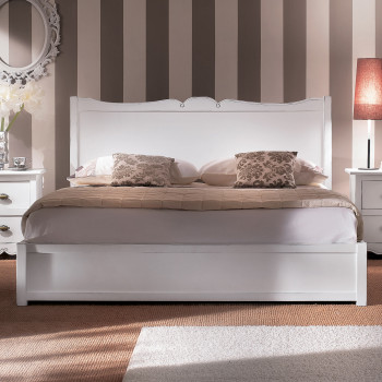 Letto 2 piazze con rete contenitore, testata sagomata bianca