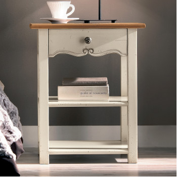 Comodino un cassetto con piano in legno, dettagli sagomati