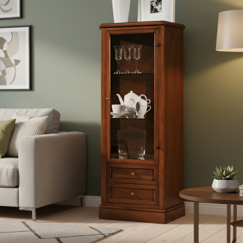 Vetrinetta una anta due cassetti in legno, dettaglio vetro