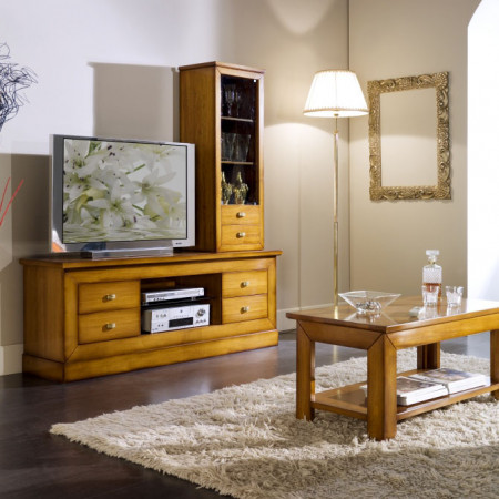 Porta TV con 4 cassetti, vano a giorno in legno di tiglio