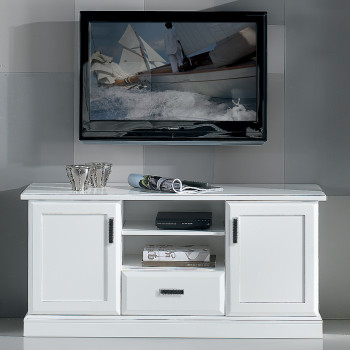 Porta tv 2 ante 1 cassetto 2 vani a giorno in legno bianco