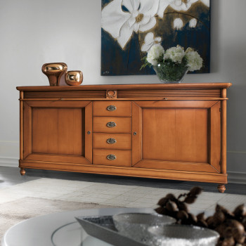 Credenza 2 ante 4 cassetti, intaglio foglie d’alloro