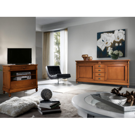 Credenza 2 ante 4 cassetti con intagli a foglie, legno classico