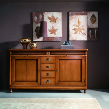 Credenza 2 ante 4 cassetti in legno noce tanganica con intaglio foglie d’alloro