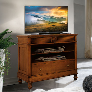 Portatelevisore in legno noce con dettaglio foglia d'alloro