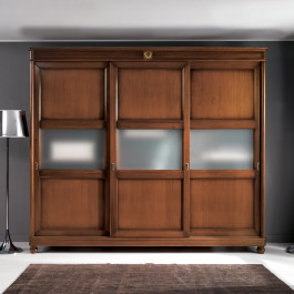 Armadio classico e ante con vetro, intaglio d'alloro Armadio classico in legno con ante scorrevoli e vetro