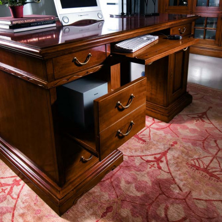 Scrivania classica in legno con ribaltina e cassettoni