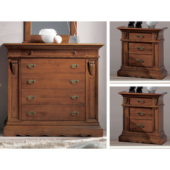 Gruppo notte con foglia, dettaglio comò in legno intagliato