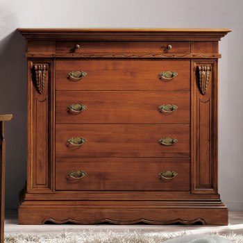 Comò con 5 cassetti e capitelli, dettaglio intaglio laterale