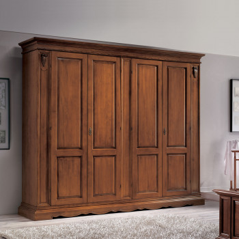 Armadio 4 ante con cassettiera, dettaglio intagli noce