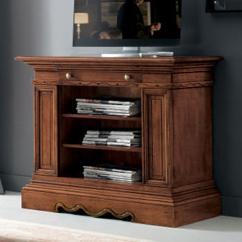 Porta TV con cassetto e vani a giorno in legno