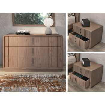 Comò e comodino moderni in legno massello di frassino con zoccolo