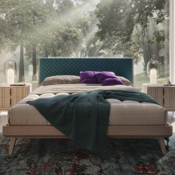 Letto moderno in legno con testata in microfibra trapuntata blu