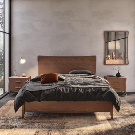 Letto moderno in legno con contenitore e testata incisa