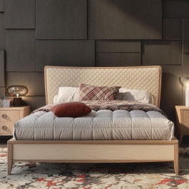 Letto in legno con testata imbottita microfibra trapuntata beige