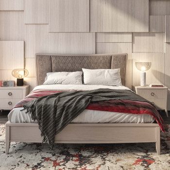 Letto in legno con testata trapuntata in microfibra