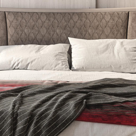 Letto in legno con testata in microfibra trapuntata