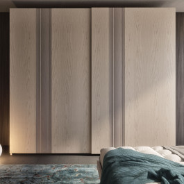 Comò moderno in legno, dettaglio piano e maniglia