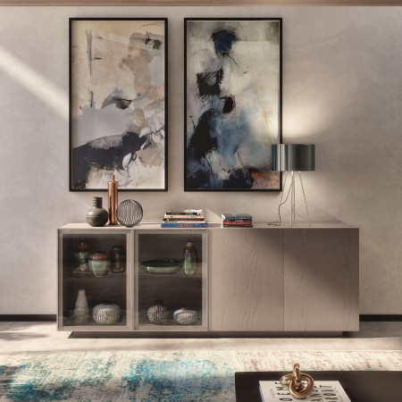 Credenza Nova Luce con 2 ante in vetro e dettagli in legno