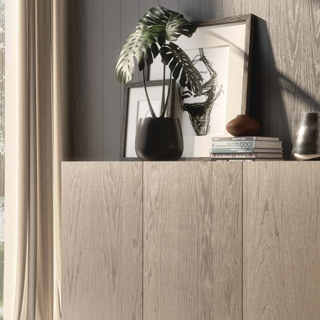 Credenza Nova Plus con dettaglio finitura legno frassino