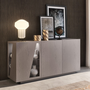 Credenza Mira 3 porte, dettaglio vetro e legno