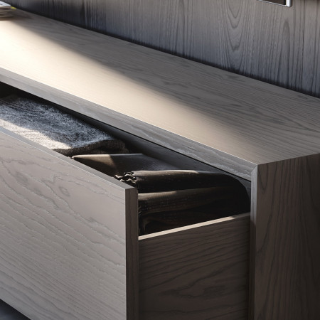 Base TV sospesa in legno frassino con cestone aperto