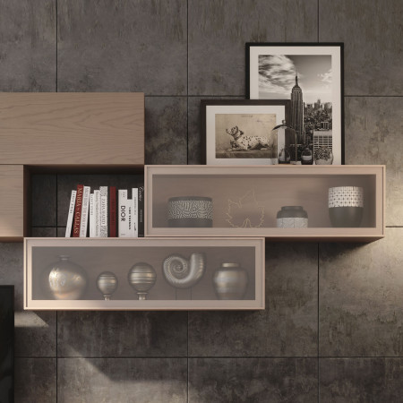 Mobile Nova 7 in legno con dettagli di ante in vetro
