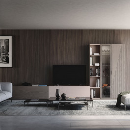 Mobile soggiorno Nova 9, design legno e vetro Mobile per soggiorno Nova 9 in legno massello di frassino