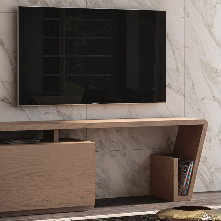 Base TV moderna in vero legno, dettaglio del design regolabile
