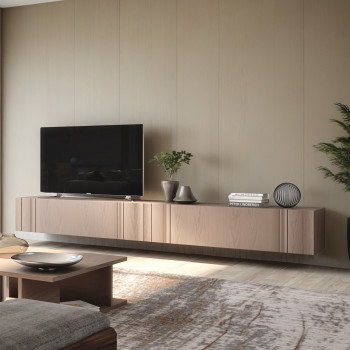Base TV sospesa in vero legno, design e venature eleganti