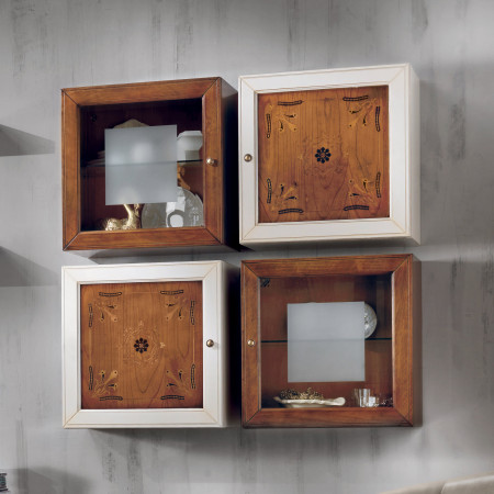 Soggiorno moderno a moduli con pensili in legno intarsiato