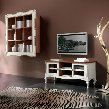 Dettaglio della libreria sospesa del soggiorno moderno