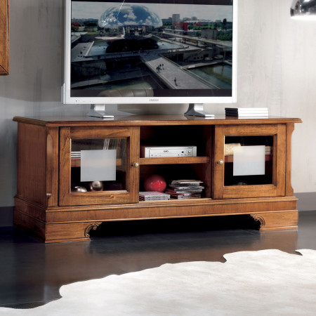 Porta TV con zoccolo intagliato e antine scorrevoli