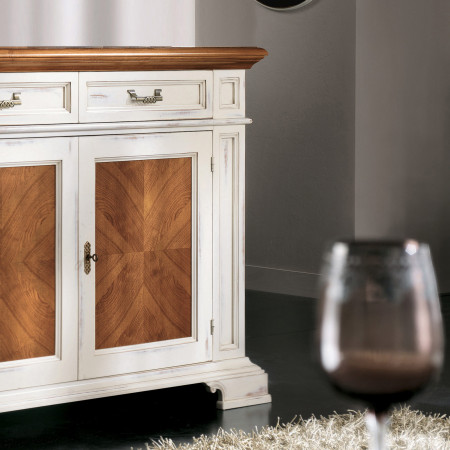 Credenzina 2 porte con segreto, dettaglio intarsi legno